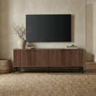 Hudson&Canal Montello Rectangular Fluted TV Stand for TV's up to 78" - Satin Walnut-Constructed of sturdy steel and MDF materials in a handcrafted satin walnut finish