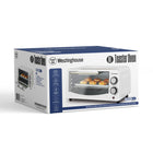 Westinghouse 9 L Toaster Oven-Sleek design features a white cover, panel, and handle, along with a durable stainless steel handle and black knobs with stainless steel clips for a modern aesthetic