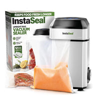 Instaseal Compact Upright Bag Food Vacuum Sealer-Instaseal vacuum sealer get started with everything you need, including the space-saving InstaSeal upright vacuum sealer, user manual and AC electrical cord and a set of 12 pre-cut bags, the no-leak design prevents spills, while the airtight double seal locks in flavors