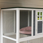 PawHut 36" L Outdoor Cat House Catio with Wheels and Asphalt Roof - White-Constructed of solid fir wood and wire mesh for stability 