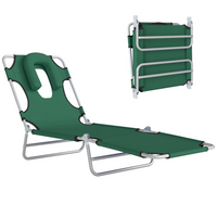 Outsunny Outdoor Lounge Chair - Adjustable Folding Chaise Lounge - Green-Folding tanning chair with face hole, arm slots and pillow for convenient reading
