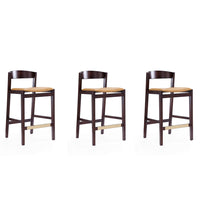 Manhattan Comfort Klismos 20" Mid-Century Modern Faux Leather Upholstered Counter Stool - Camel and Dark Walnut - 3 Pack-Mid-Century Modern Counter Stool with Backseat Perfect for Bar and Kitchen Use. Set of 3