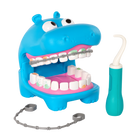 Battat Hippodentist-Includes: A hippo, 2 removable braces, a toy toothbrush, water flosser, dental hook, dental mirror, floss container with toy floss, cup, pretend toothpaste, dental chart, and an accessory stand
