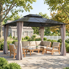 Outsunny 10 ft W x 12 ft L Double Roof Hardtop Gazebo with Nettings Curtains - Khaki-Translucent polycarbonate hardtop lets in a bit of sunlight while providing shade