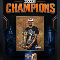 Frameworth New York Knicks 2026 Champions: OG Anunoby Trophy PhotoGlass Framed Photo - 18" W x 22" H - Black-Framed photoglass display: OG Anunoby PhotoGlass Frame New York Knicks 2026 Championship Trophy Black Championship Design for New York Knicks fans and collectors