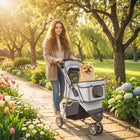 PawHut Deluxe 3-Wheel Pet Stroller with Brake, Canopy, Cupholders - Grey-Lockable wheels ensure a smooth, secure ride
