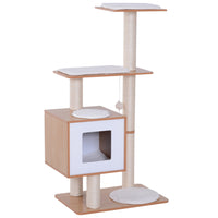 PawHut 47" Wood Cat Tree Condo Tower with Scratching Post and Toy Ball - Natural Wood-Cat furniture with condo and perches 