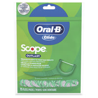 Oral-B Glide Complete Floss Picks with Scope Outlast - Mint - 75 Pack-Slides up to 50% more easily in tight spaces* with the power of Oral-B Glide + the freshness of Scope Outlast flavour in the convenience of a floss pick. *vs. the leading floss pick