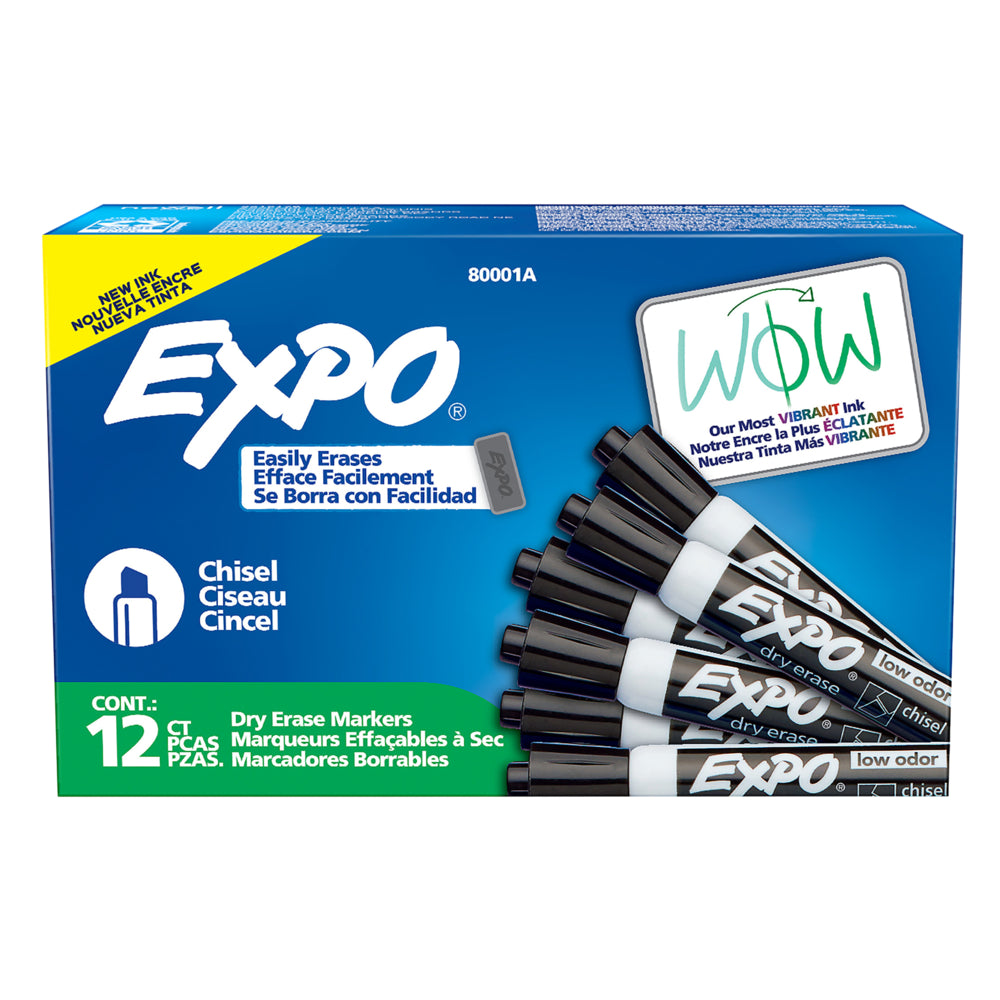 Expo Low Odour Dry-Erase Markers Chisel Tip Black 12 Pack