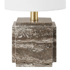 Hudson&Canal Pacha 16" Tall Stone Table Lamp with Fabric Shade - Grey Veined Travertine-Includes a 6 ft. cord with rotary socket switch
