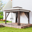 Outsunny 12 ft W x 12 ft L Pop Up Canopy with Mesh - Beige and Dark Brown-Mesh-protected two-tier roof provides superior airflow and helps it stay stable