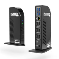 Plugable USB-C TRIPLE 4K Monitor Docking Station with 100 W Laptop Docking Station-Powerful Ports—13 ports and power delivery to keep your laptop running all day, this USB-C docking station with Power Delivery extends across three screens with room for all of your peripherals. All through a single 10Gbps USB-C cord back to the computer