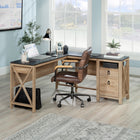 Sauder Newberry Lane L-Desk - Khaki Pine-Easy-glide drawers: Two drawers feature full extension slides for easy open and close. File drawer holds letter-size hanging files. Open shelf above drawers provides additional storage