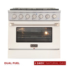 Kucht 36" KDF Series Pro Style Natural Gas Dual Fuel Range - Stainless Steel/White-6-burner gas range includes one 20,000 BTU dual burner with simmer, one 15,000 BTU burner, one 12,000 BTU burner, two 9,000 BTU burners and one 6,000 BTU