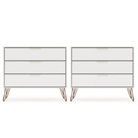 Manhattan Comfort Rockefeller 35.24" Mid-Century Modern 3-Drawer Dresser 2-Piece Set - Off White-Mid-Century Modern Dresser for Bedroom Use. Set of 2.