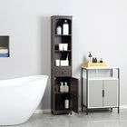HOMCOM Tall Bathroom Linen Tower Cabinet with Shelves and Drawer - Brown-Ample storage space with three level open shelves for displaying accents, a drawer and bottom cabinet for everyday bathroom necessities