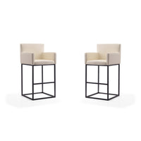 Manhattan Comfort Ambassador 21" Mid-Century Modern Faux Leather Upholstered Bar Stool - Cream and Black - 2 Pack-Mid-Century Modern Barstool with Backseat Perfect for Bar and Kitchen Use. Set of 2