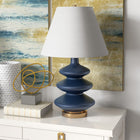 Hudson&Canal Carleta 26.5" Tall Triple Gourd Table Lamp with Fabric Shade - Blue/White-Handcrafted blue finish is applied to the cylinder metal and glass base