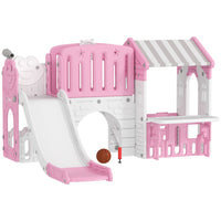 Qaba 7-in-1 Toddler Slide with Playhouse and Basketball Hoop for Indoor Play - Pink-Bring home endless fun with this seven-in-one kids' playground 