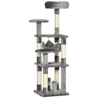 PawHut 52" Multi-Level Cat Tree Tower with Hammock, Bed and Sisal Scratching Posts - Grey-Multi-use activity center with multi-level perches, hanging hammock and scratching posts 