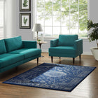 Modway Lilja Distressed Vintage Medallion Area Rug - 5 ft W x 8 ft L - Moroccan Blue Beige/Ivory-Tight Low Pile Weave