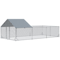PawHut Metal Chicken Run with Waterproof Anti-UV Cover - 19.7' x 9.8' x 6.4' - Silver-Shady roof keeps pets cool, dry, comfortable, and protected from the rain and UV rays 