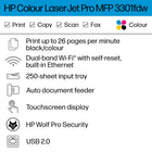 HP Colour LaserJet Pro MFP 3301fdw Wireless All-in-one Colour Printer, Scanner, Copier, Duplex Printing, Fax-Perfect for small teams printing, scanning and copying professional-quality colour documents and reports plus fax, print speeds up to 26 ppm black/colour