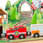 Melissa & Doug 17-Piece Wooden Take-Along Tabletop Railroad - 3 Trains, Truck, Play Pieces, Bridge-Plenty of room to store all play pieces in the case with convenient carrying handle