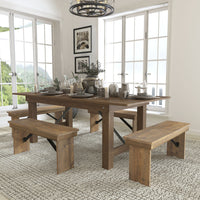 Flash Furniture HERCULES Series 7' x 40" Antique Rustic Folding Farm Table & Four Bench Set-Farmhouse Dining Table Set in Antique Rustic White Stain Finish