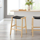 Modway Saoirse Woven Rope Wood Counter Stool - Natural Black - Set of 2-Foot Pads for Floor Protection