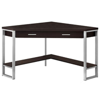 Monarch Specialties 7502 42" Computer Desk - Espresso Corner/Silver Metal-Corner computer desk with storage in a dark brown espresso finish