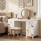 HOMCOM 53" Farmhouse Executive Desk with Drawers and 2 Cabinets - White Wood Grain-Versatile desk works as study workstation, vanity or computer desk