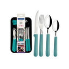 Tramontina Flatware Set - 25 Piece Set-Stainless Steel Blades, Turquoise Polypropylene Handles, Knife blades have longer edge durability due to heat treatment. Set Includes: Tablespoon - 6pcs, Dessert spoon / Tea - 6pcs, 5” Steak Knife - 6 pcs, Table Fork - 6pcs, One Drawer