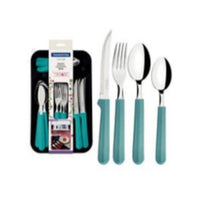 Tramontina Flatware Set - 25 Piece Set-Stainless Steel Blades, Turquoise Polypropylene Handles, Knife blades have longer edge durability due to heat treatment. Set Includes: Tablespoon - 6pcs, Dessert spoon / Tea - 6pcs, 5” Steak Knife - 6 pcs, Table Fork - 6pcs, One Drawer