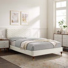 Modway Leah Chevron Tufted Performance Velvet Queen Platform Bed with Wood Legs and Gold Metal Sleeves - White-Stain-Resistant Performance Velvet