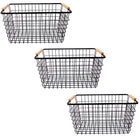My Home My Living Wire Rectangle Baskets with Wood Handle 3-Piece Set - 14.5”W x 10”D x 8”H - Black-Dimensions: 14.5”W x 10”D x 8”H