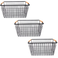 My Home My Living Wire Rectangle Baskets with Wood Handle 3-Piece Set - 14.5”W x 10”D x 8”H - Black-Dimensions: 14.5”W x 10”D x 8”H