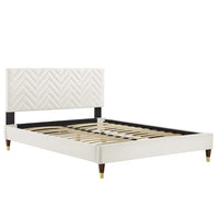 Modway Leah Chevron Tufted Performance Velvet Full Platform Bed with Wood Legs and Gold Metal Sleeves - White-Full Platform Bed