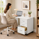 HOMCOM 42" Foldable Mobile Computer Desk with 3 Drawers and Wheels - White Wood Grain-The melamine-finish particleboard is smooth and easy-to-clean