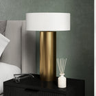 Hudson&Canal Wells 24" Tall Table Lamp with Fabric Shade - Brass/White-Handcrafted brass finish is applied to the candlestick metal base