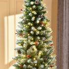 HOMCOM 7.5' Pre-Lit Snow-Flocked Artificial Christmas Tree with Pine Cones and Berries - Green-Solid base for added stability 