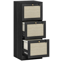 HOMCOM 3-Drawer Letter/A4 Filing Cabinet Lockable - Black-Natural rattan drawer fronts and wood grain finish create boho style accent
