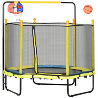 Qaba Kids Trampoline with Basketball Hoop and Horizontal Bar - 4.6' - Yellow-Bouncing basketball for fun slam dunks in mid-air 