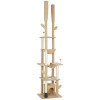 PawHut 89" - 100" Floor-To-Ceiling Cat Tree with Scratching Posts - Brown-Adjustable height, 88.6"-100.4" (225-255cm), saves space and enhances high levels 
