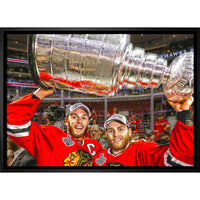 Jonathan Toews & Patrick Kane Chicago Blackhawks Lifting Stanley Cup - Framed Canvas - 31" x 22"-Premium canvas print with gallery-wrapped edges