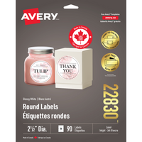 Avery Glossy White Round Labels, 2-1/2" Diameter, 90 Pack (22830)-Great for soap labels, hand sanitizer labels, candle labels and more