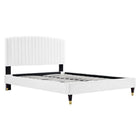 Modway Alessi Performance Velvet Queen Platform Bed with Wood Legs and Gold Metal Sleeves - White-Vintage Modern Queen Bed