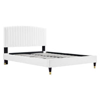 Modway Alessi Performance Velvet Queen Platform Bed with Wood Legs and Gold Metal Sleeves - White-Vintage Modern Queen Bed