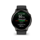 Garmin Venu 4 Smartwatch - 45 mm - Slate with Black Silicone Band-Advanced sleep tracking (improved): Get a sleep score and personalized coaching for how much sleep you need and how you can improve. Even keep track of different sleep stages and naps — and see key metrics, such as HRV status and skin temperature, to better understand your health. Plus, with the sleep alignment feature, see how aligned you are to your circadian rhythm and see your sleep consistency