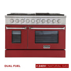 Kucht 48" KDF Series Pro Style Natural Gas Dual Fuel Range - Stainless Steel/Red-Professional class range features 2-20000 BTU dual burners with simmer, 2-12000 BTU burners, 2-9000 BTU burners and 2-6000 BTU burners